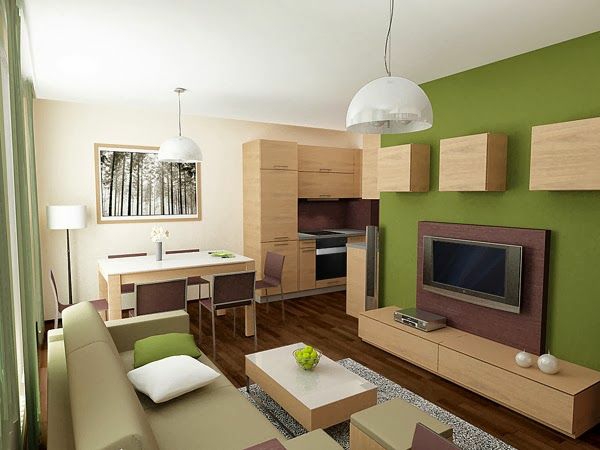 wohnzimmer farbideen modern grüne akzentwand holzmöbel 