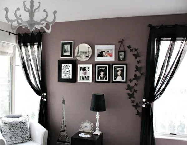 wohnzimmer farbideen wandgestaltung bilder lila grau farbe 