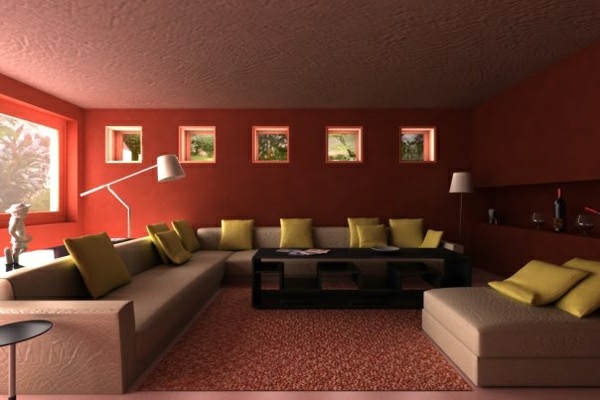 wohnzimmer sofa wandfarbe kastanienbraun ecksofa in beige dekokissen hellgrün
