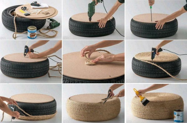 DIY Möbel aus Autoreifen seil hocker