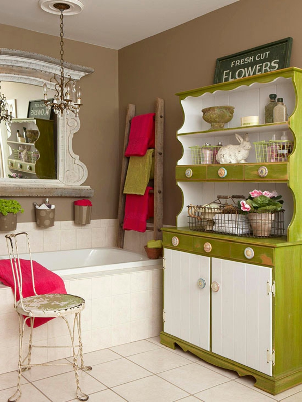 badezimmer gestaltungsideen farbig grüner schrank rosa akzente