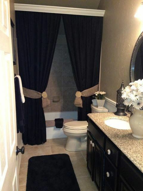 badezimmer ideen badvorhänge duschvorhang schwarz teppich 