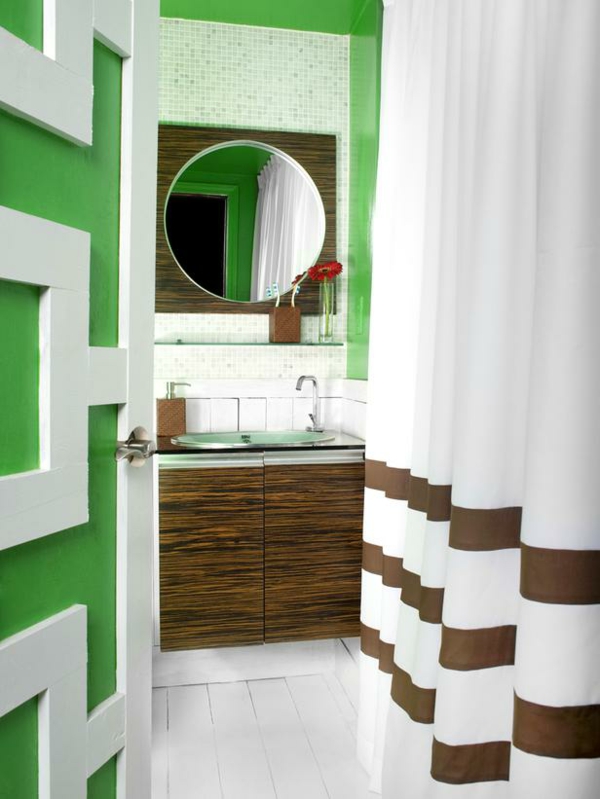 badezimmergestaltung farbig grün weiß braun