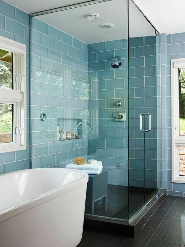 badezimmergestaltung ideen modern blaue fliesen duschkabine 