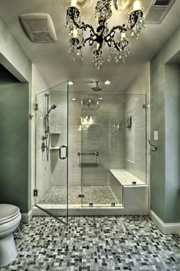badezimmergestaltung ideen bodenbelag kronleuchter duschkabine