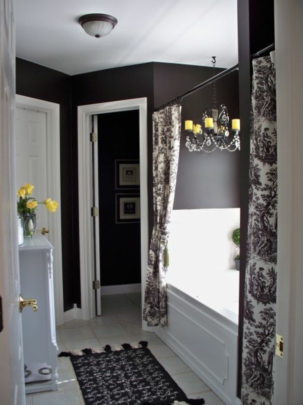 badezimmergestaltung ideen schwarz weiß gardinen teppich 
