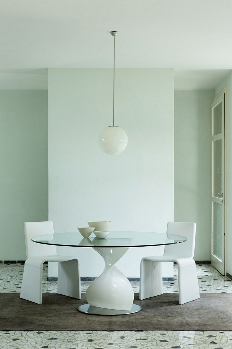 designer esstische rund glasscheibe modern weiß minimalistisch essstühle