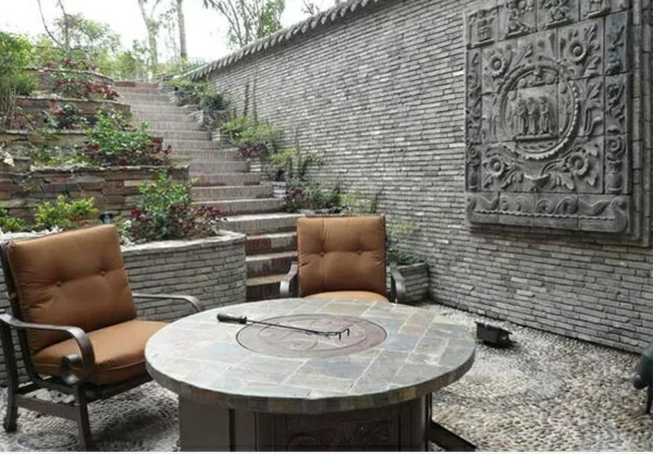 exterior ideen asiatischer garten patio steinboden sessel 