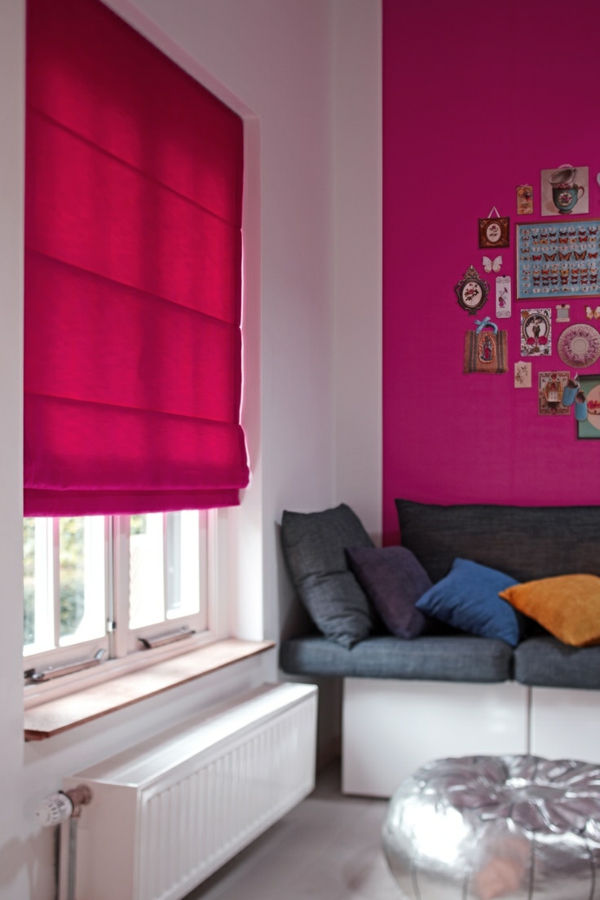 faltrollo selber nähen fenster sichtschutz wohnzimmer wandfarbe pink raffrollos