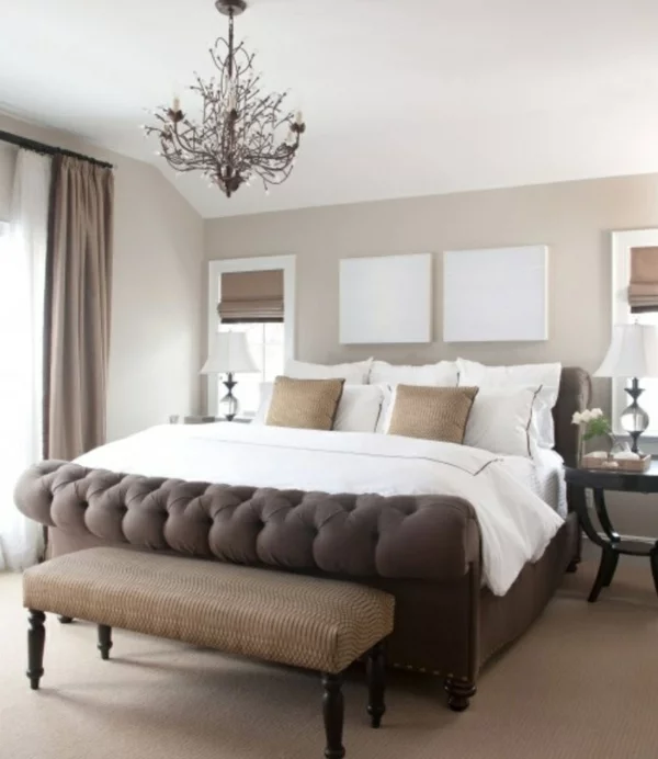 farbgestaltung schlafzimmer beige braun neutralle farben polsterbett braun