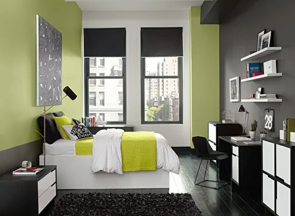 farbgestaltung schlafzimmer farbideen wandfarbe olivgrün bettwäsche grüngelb