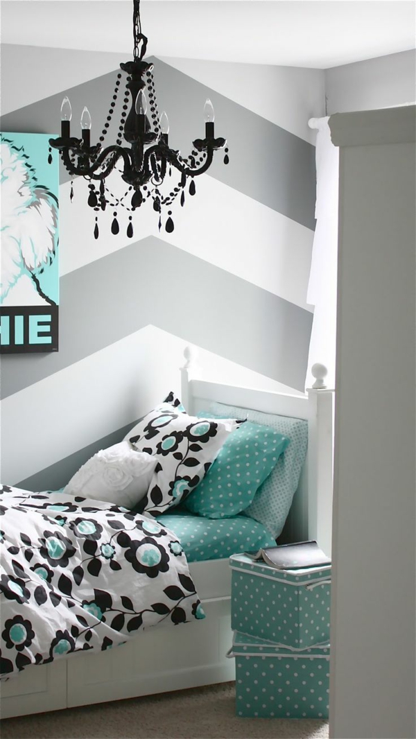 farbgestaltung schlafzimmer türkis grau muster bettwäsche