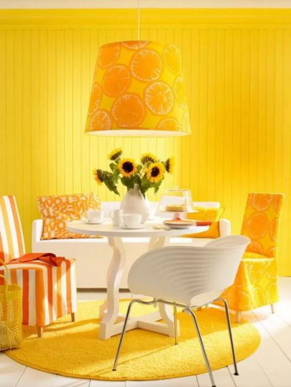 gelb akzent wandfarben esszimmer lampenschirm exotisch