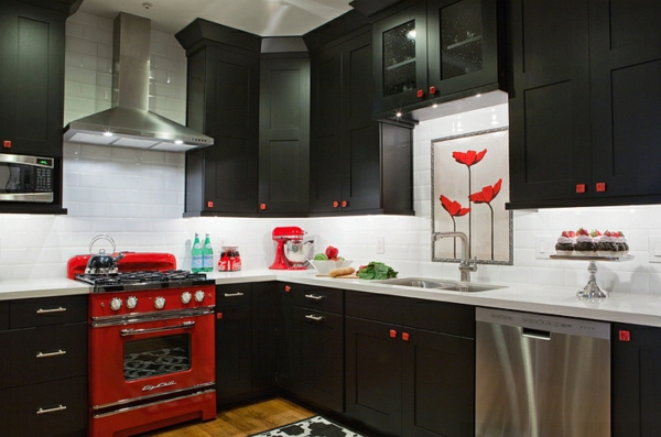küche gestalten roter offen schwarze küchenmöbel