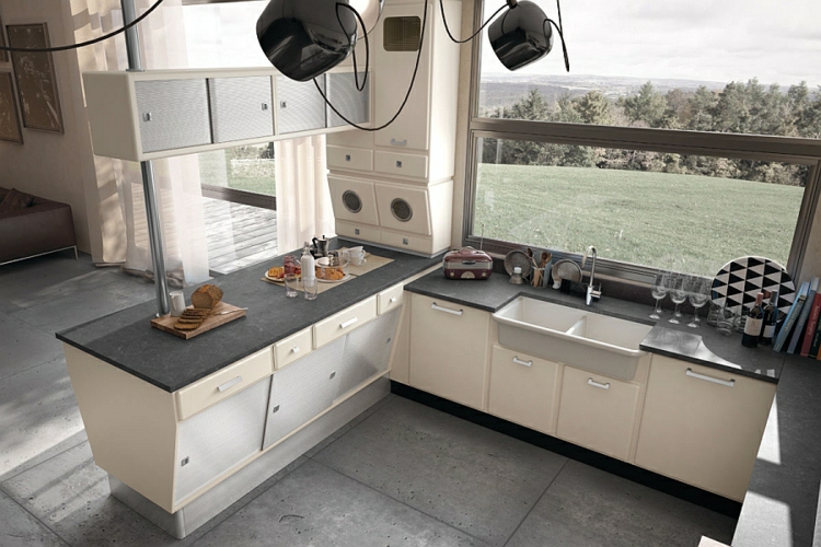 küche gestalten ideen retro stil arbeitsfläche granit betonplatten große fensterfläche