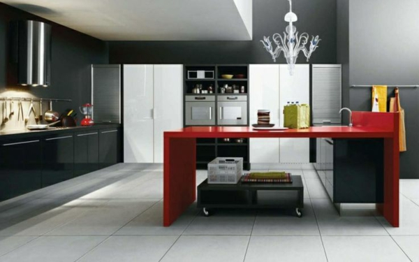 küchen design wandfarbe grautöne modern roter tisch 