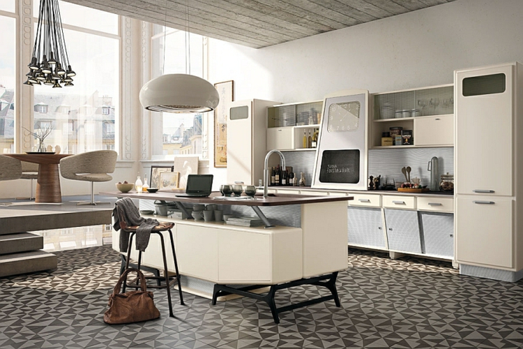 küchenideen kücheninsel retro 50er jahre stil linoliumboden designer pendelleuchten