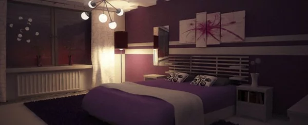 lila-schlafzimmer-wanddeko-bett-beleuchtung