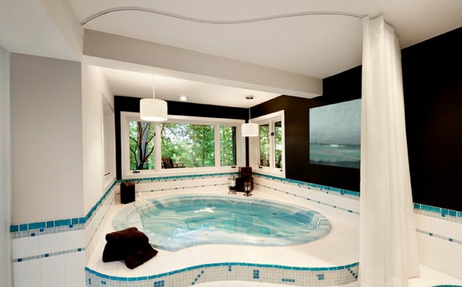 luxushaus wellness badewanne mit whirlpool fliesen vorhang moderne badezimmer