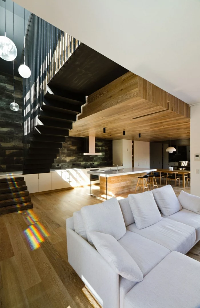 moderne inneneinrichtung aus holz architektenhaus holzboden holzdecke kücheninsel