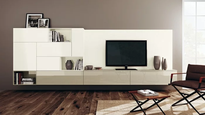 modernes wohnzimmer einrichtungsideen tv wohnwand minimalistisch holzboden verlegen