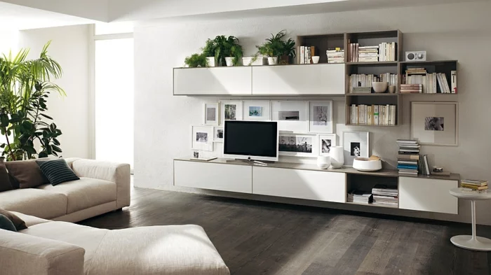 neutrale farbgestaltung wohnzimmer sofa einrichtungsideen minimalistisch wandregale