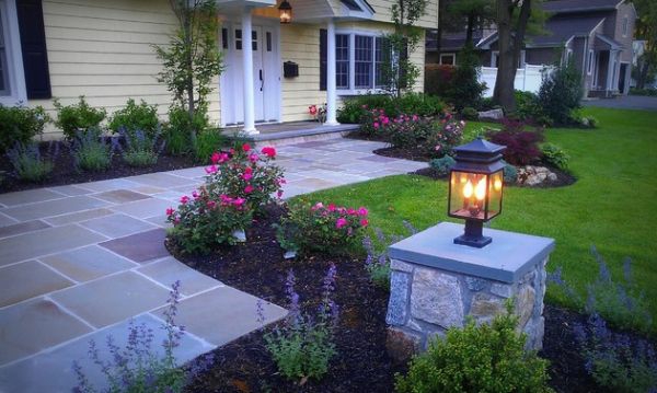patio ideen vorgarten gestaltung rosen steinplatten