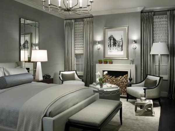 schlafzimmer design luxuriös wandfarbe grautöne bett vorhänge 