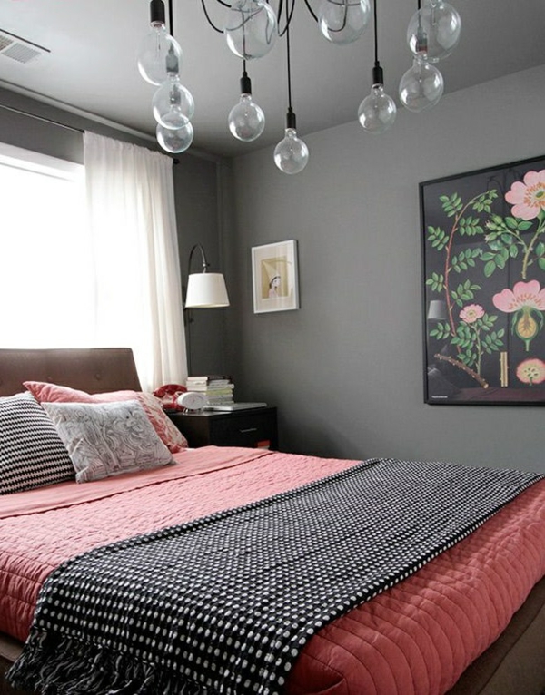 schlafzimmer design wandfarbe grautöne pendelleuchten bett 