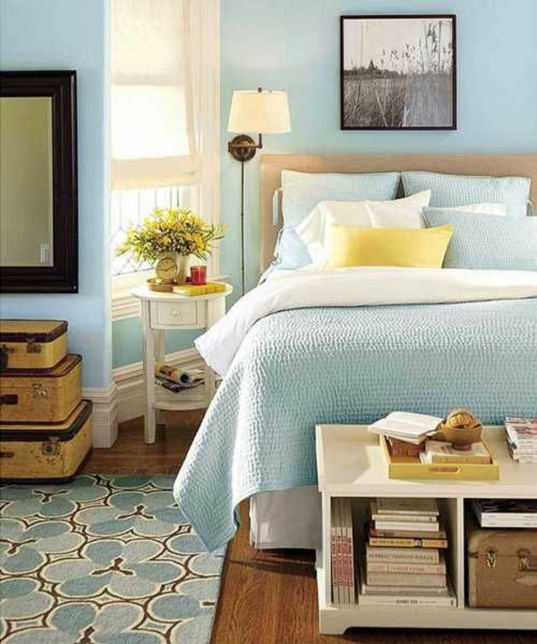 schlafzimmer farben pastellfarben gelb wandgemälde wandfarbe taubenblau