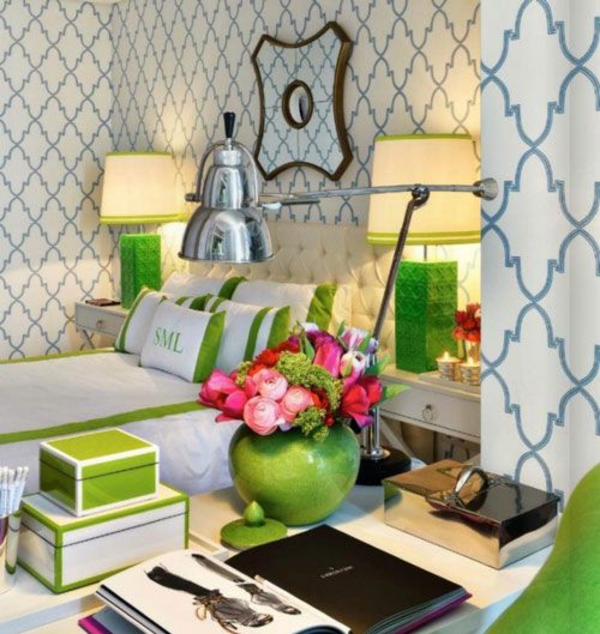 schlafzimmer farbgestaltung sommerpalette grüne dekoration wandtapete