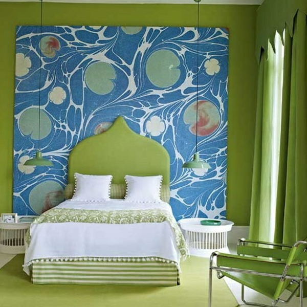 schlafzimmer farbgestaltung sommerpalette grüne gardinen boden