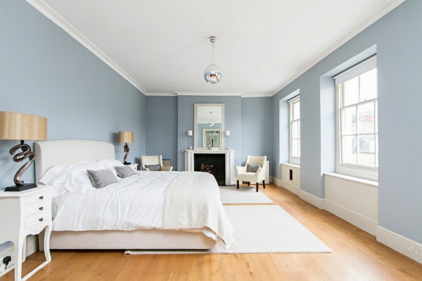schlafzimmer innendesign bett blaue wandgestaltung