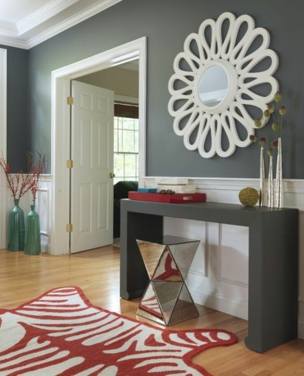 wandfarbe grautöne wohnzimmer design dekoideen roter teppich