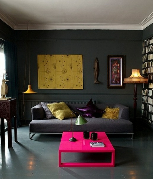 wandfarbe grautöne wohnzimmer design rosa tisch sofa 
