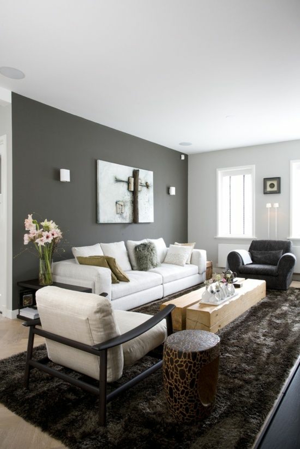 wandgestaltung grau wohnzimmer design sofa sessel teppich 