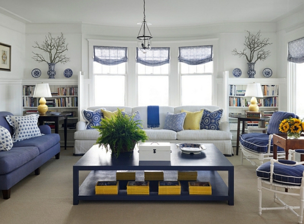 wohnideen-innendesign-blau-und-weiß-wohnzimmer-gelbe-akzente