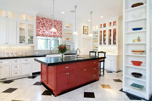 wohnideen küche kücheninsel rot schwarz weiße möbel