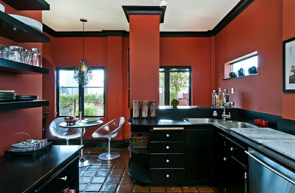 küche rote wandgestaltung schwarze möbel