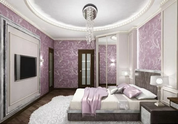 lila schlafzimmer dekorative decke bett kronleuchter