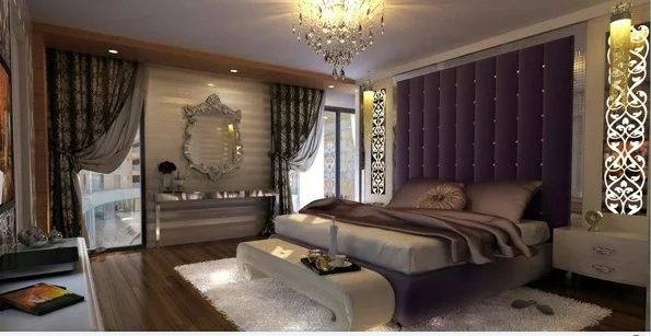 lila schlafzimmer origineller bett kopfteil gardinen