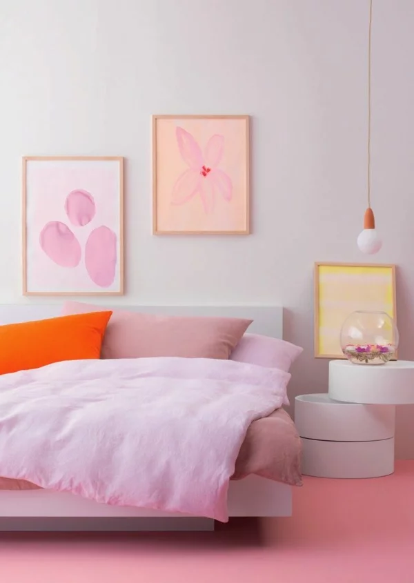 wohnungsgestaltung ideen schlafzimmer rosa wand art nachttisch ovalform