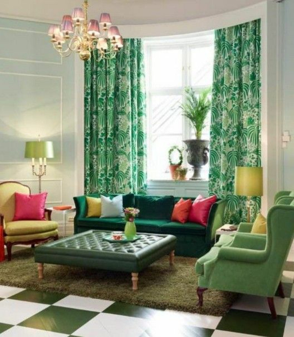 wohnzimmer design farbgestaltung sommerpalette grüne gardinen bodenbelag
