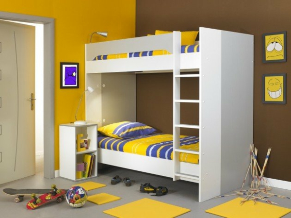 Hochbett bettwäsche matratzen Kinderzimmer gelb brauntöne wand