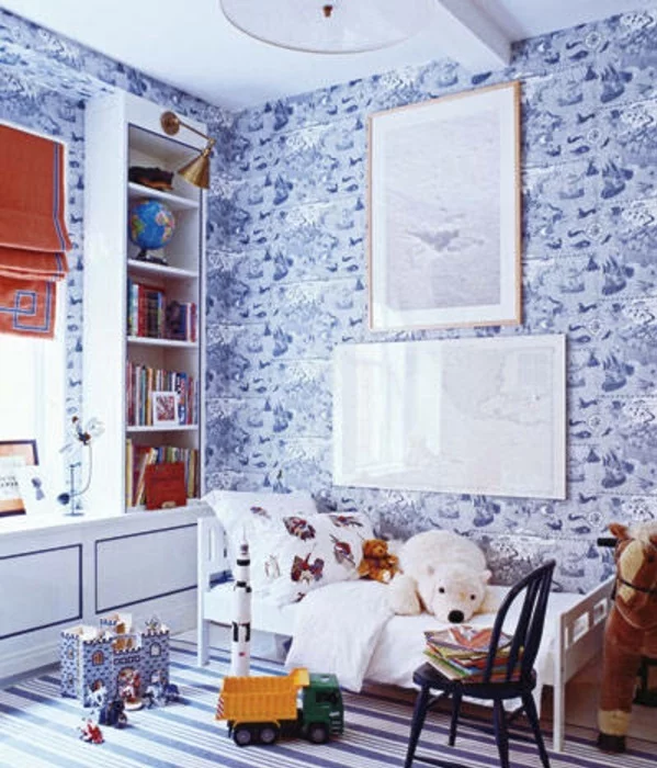 Kinderzimmer Deko tapeten bett weich blau wandfarben