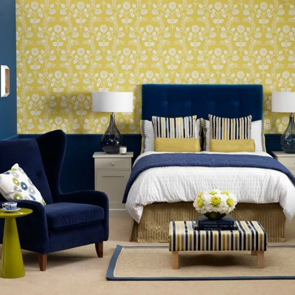 Schlafzimmer Ideen gestalten einrichten blau gelb samt