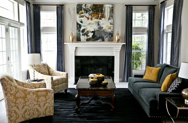 Wohnzimmer Farbgestaltung grau gelb kamin