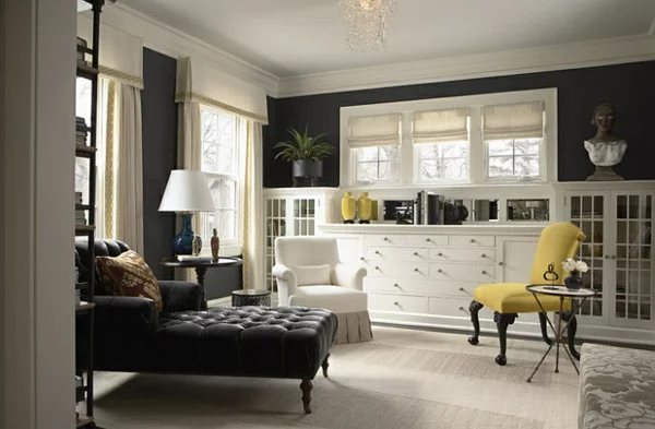 Wohnzimmer Farbgestaltung  grau gelb leder schwarz