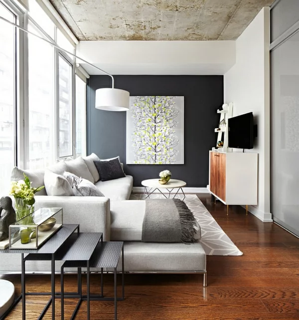 Wohnzimmer Farbgestaltung  weiß pastellfarben schwarz