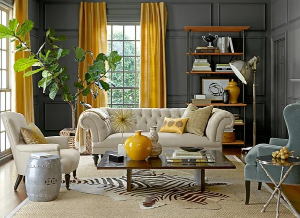 Wohnzimmer zimmerpflanzen zebramuster Farbgestaltung sofa pflanzen zimmer